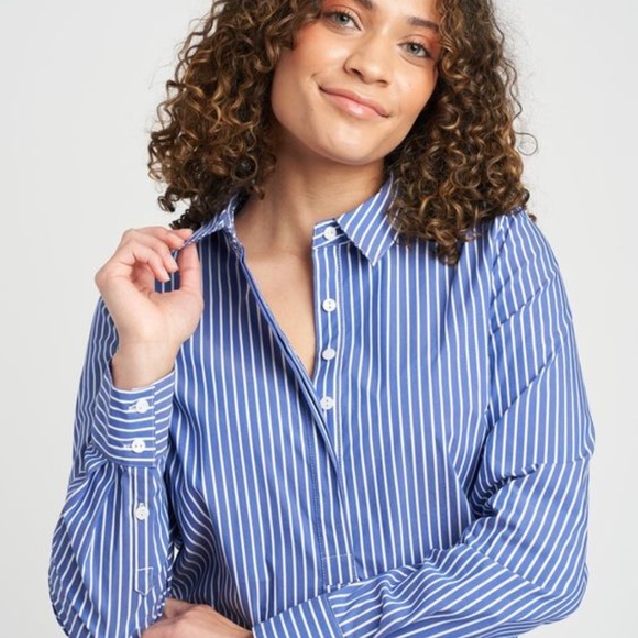 Universal Standard Tops - Universal Standard Elbe Popover Stretch Poplin Shirt in Blue/White Stripe
